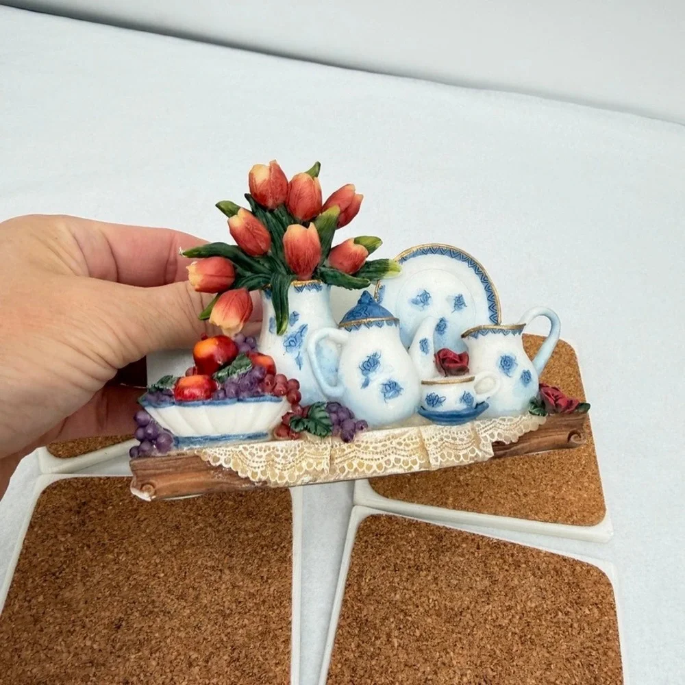 Richesco Corporation Coaster Set Blue White Teapot Floral 5 Piece Set ***READ**